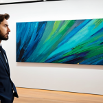 A highly discerning art curator, wearing a modest and professional business suit, stands contemplatively before a large, vibrant abstract expressionist painting in a modern, minimalist art gallery. The curator's expression shows deep intellectual engagement and critical observation, hands lightly clasped in thought. The gallery space is well-lit, with clean lines and subtle spotlights highlighting the artwork. The scene conveys a sense of quiet reflection and profound insight. Professional photography, sharp focus, rich colors, high detail, high resolution, soft ambient lighting. safe for work, appropriate content, fully clothed, professional, perfect anatomy, correct proportions, well-formed hands, proper finger count, natural body proportions, natural pose.