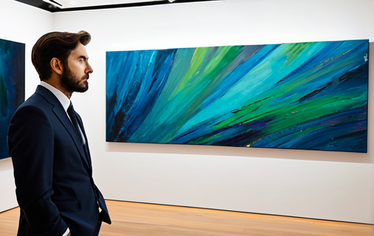 A highly discerning art curator, wearing a modest and professional business suit, stands contemplatively before a large, vibrant abstract expressionist painting in a modern, minimalist art gallery. The curator's expression shows deep intellectual engagement and critical observation, hands lightly clasped in thought. The gallery space is well-lit, with clean lines and subtle spotlights highlighting the artwork. The scene conveys a sense of quiet reflection and profound insight. Professional photography, sharp focus, rich colors, high detail, high resolution, soft ambient lighting. safe for work, appropriate content, fully clothed, professional, perfect anatomy, correct proportions, well-formed hands, proper finger count, natural body proportions, natural pose.