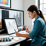 A professional female artist, fully clothed in a modest, comfortable studio outfit, sits thoughtfully at a modern desk in a well-lit art studio. She is looking intently at a large digital screen displaying a complex, challenging cityscape digital painting, with a sketchbook open beside her showing brainstorming notes and quick sketches. Her hands are resting near a digital pen tablet, in a natural pose. The studio is tidy with various art supplies (brushes, paints, pencils) neatly arranged on shelves in the background. The atmosphere is one of focused contemplation and determination. perfect anatomy, correct proportions, well-formed hands, natural body proportions, professional photography, high quality, safe for work, appropriate content, family-friendly.