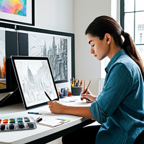 Home 22 A professional female artist, fully clothed in a modest, comfortable studio outfit, sits thoughtfully at a modern desk in a well-lit art studio. She is looking intently at a large digital screen displaying a complex, challenging cityscape digital painting, with a sketchbook open beside her showing brainstorming notes and quick sketches. Her hands are resting near a digital pen tablet, in a natural pose. The studio is tidy with various art supplies (brushes, paints, pencils) neatly arranged on shelves in the background. The atmosphere is one of focused contemplation and determination. perfect anatomy, correct proportions, well-formed hands, natural body proportions, professional photography, high quality, safe for work, appropriate content, family-friendly.