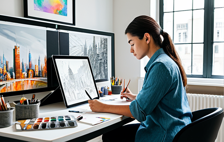 A professional female artist, fully clothed in a modest, comfortable studio outfit, sits thoughtfully at a modern desk in a well-lit art studio. She is looking intently at a large digital screen displaying a complex, challenging cityscape digital painting, with a sketchbook open beside her showing brainstorming notes and quick sketches. Her hands are resting near a digital pen tablet, in a natural pose. The studio is tidy with various art supplies (brushes, paints, pencils) neatly arranged on shelves in the background. The atmosphere is one of focused contemplation and determination. perfect anatomy, correct proportions, well-formed hands, natural body proportions, professional photography, high quality, safe for work, appropriate content, family-friendly.