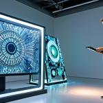 AI-Assisted Sculpture**

"A student artist carefully examines a complex, abstract sculpture made from recycled computer parts, augmented with glowing, AI-generated textures projected onto its surface. The artist is fully clothed in practical studio attire, jeans and a t-shirt, standing in a brightly lit, modern art studio. Appropriate content, safe for work, perfect anatomy, natural proportions, professional lighting, high-quality rendering, demonstrates creative use of AI in art, modest attire."

**