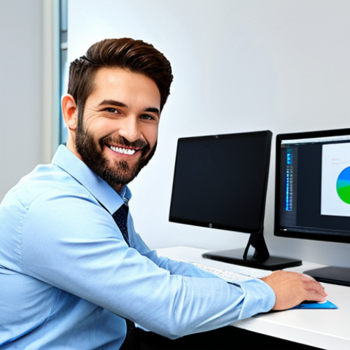 Home 20 A Graphic Designer at Work**
"A professional graphic designer, fully clothed in appropriate business casual attire, working at a modern computer workstation. The designer is smiling slightly, focused on the screen, which displays a vibrant design project. The office environment is bright and collaborative with design samples on the walls. Perfect anatomy, correct proportions, natural pose, safe for work, appropriate content, professional, high-quality rendering, well-formed hands, proper finger count, natural body proportions."
**