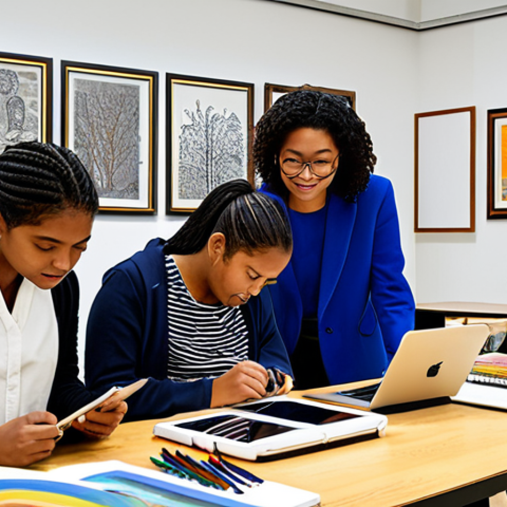 Modern Art Education Studio**

"A bright, modern art studio filled with diverse students fully clothed in appropriate attire, engaged in various activities: one group collaborating on a digital art installation using tablets and projectors, another group discussing concepts around a table filled with art books. Background shows diverse art supplies and student artwork reflecting different cultures and styles. Safe for work, appropriate content, fully clothed, professional educational environment, perfect anatomy, correct proportions, natural pose, high quality, family-friendly."

**