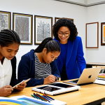 Modern Art Education Studio**

"A bright, modern art studio filled with diverse students fully clothed in appropriate attire, engaged in various activities: one group collaborating on a digital art installation using tablets and projectors, another group discussing concepts around a table filled with art books. Background shows diverse art supplies and student artwork reflecting different cultures and styles. Safe for work, appropriate content, fully clothed, professional educational environment, perfect anatomy, correct proportions, natural pose, high quality, family-friendly."

**