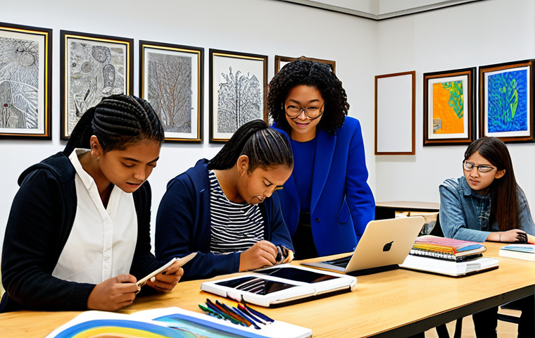 Modern Art Education Studio**
"A bright, modern art studio filled with diverse students fully clothed in appropriate attire, engaged in various activities: one group collaborating on a digital art installation using tablets and projectors, another group discussing concepts around a table filled with art books. Background shows diverse art supplies and student artwork reflecting different cultures and styles. Safe for work, appropriate content, fully clothed, professional educational environment, perfect anatomy, correct proportions, natural pose, high quality, family-friendly."
**