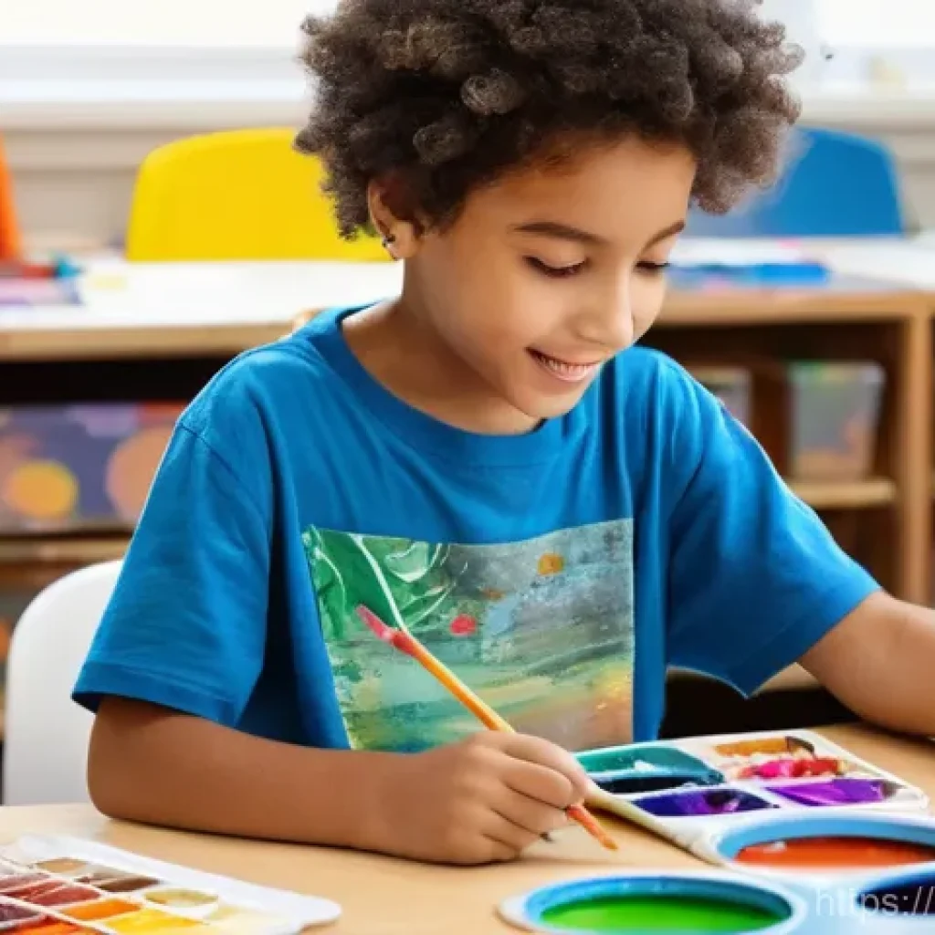 초등 미술 교육 전략 - **Prompt 1: Creative Confidence in a Vibrant Art Room**
A happy, energetic elementary school-age...