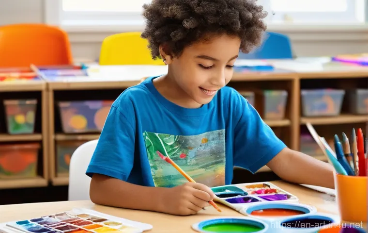 초등 미술 교육 전략 - **Prompt 1: Creative Confidence in a Vibrant Art Room**
A happy, energetic elementary school-age...