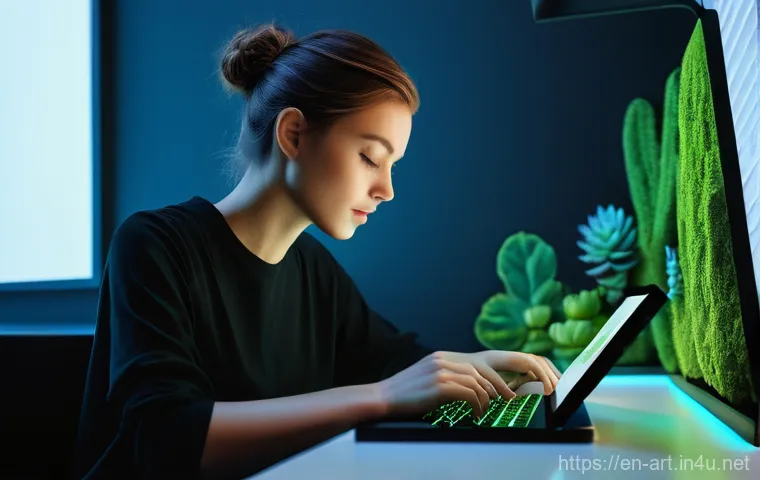 미술 교육과 AI 드로잉 - A young woman in her mid-20s, with short, artistic hair, is seated at a minimalist desk, deeply engr...