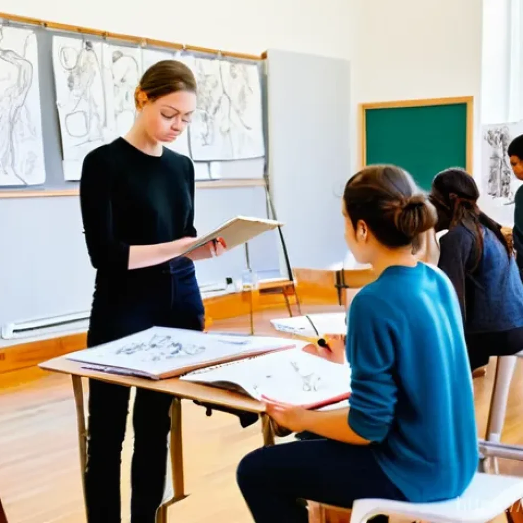 미술과 패션 디자인 교육 - **Prompt:** A diverse group of young adult art students, dressed in comfortable yet modest studio at...