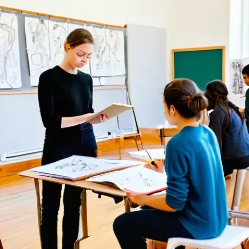 Home 31 미술과 패션 디자인 교육 - **Prompt:** A diverse group of young adult art students, dressed in comfortable yet modest studio at...