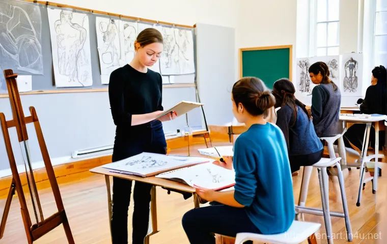 미술과 패션 디자인 교육 - **Prompt:** A diverse group of young adult art students, dressed in comfortable yet modest studio at...