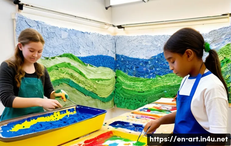 미술 교육과 지속 가능 예술 - **Prompt 1: "Conscious Young Creators in a Vibrant Eco-Art Studio"**
A group of diverse, enthusi...