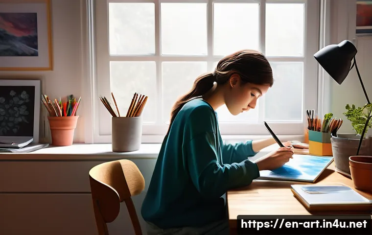 미술 교육과 디지털 회화 기법 - **Prompt:** A young digital artist, dressed in comfortable, modern street clothes, is intensely focu...