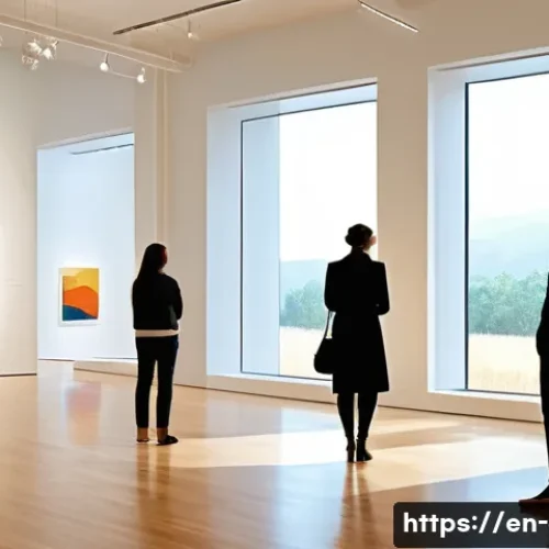 Home 32 미술과 감성 지능 - A serene art gallery scene featuring diverse visitors deeply engaged in viewing large, vibrant lands...
