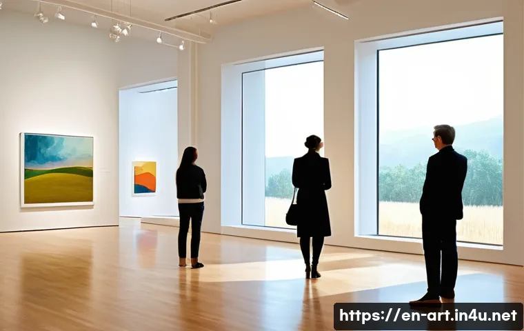 미술과 감성 지능 - A serene art gallery scene featuring diverse visitors deeply engaged in viewing large, vibrant lands...