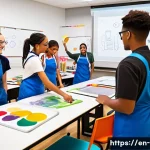 Home 19 미술 수업에서의 플립러닝 - A bright, modern art classroom filled with diverse students actively engaged in a collaborative mura...