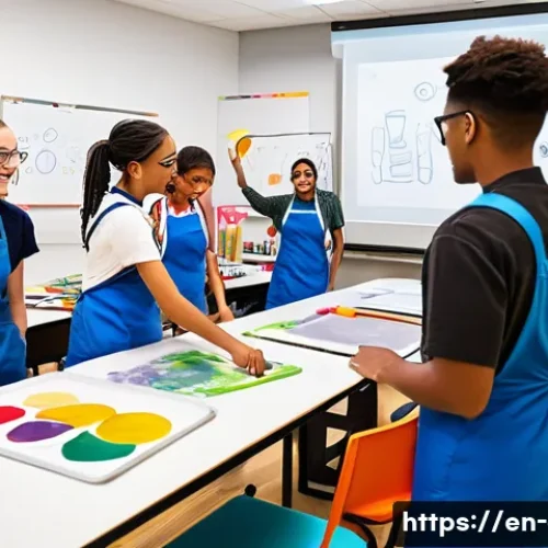 Home 31 미술 수업에서의 플립러닝 - A bright, modern art classroom filled with diverse students actively engaged in a collaborative mura...