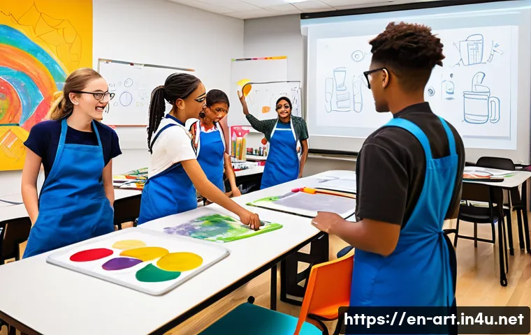 미술 수업에서의 플립러닝 - A bright, modern art classroom filled with diverse students actively engaged in a collaborative mura...