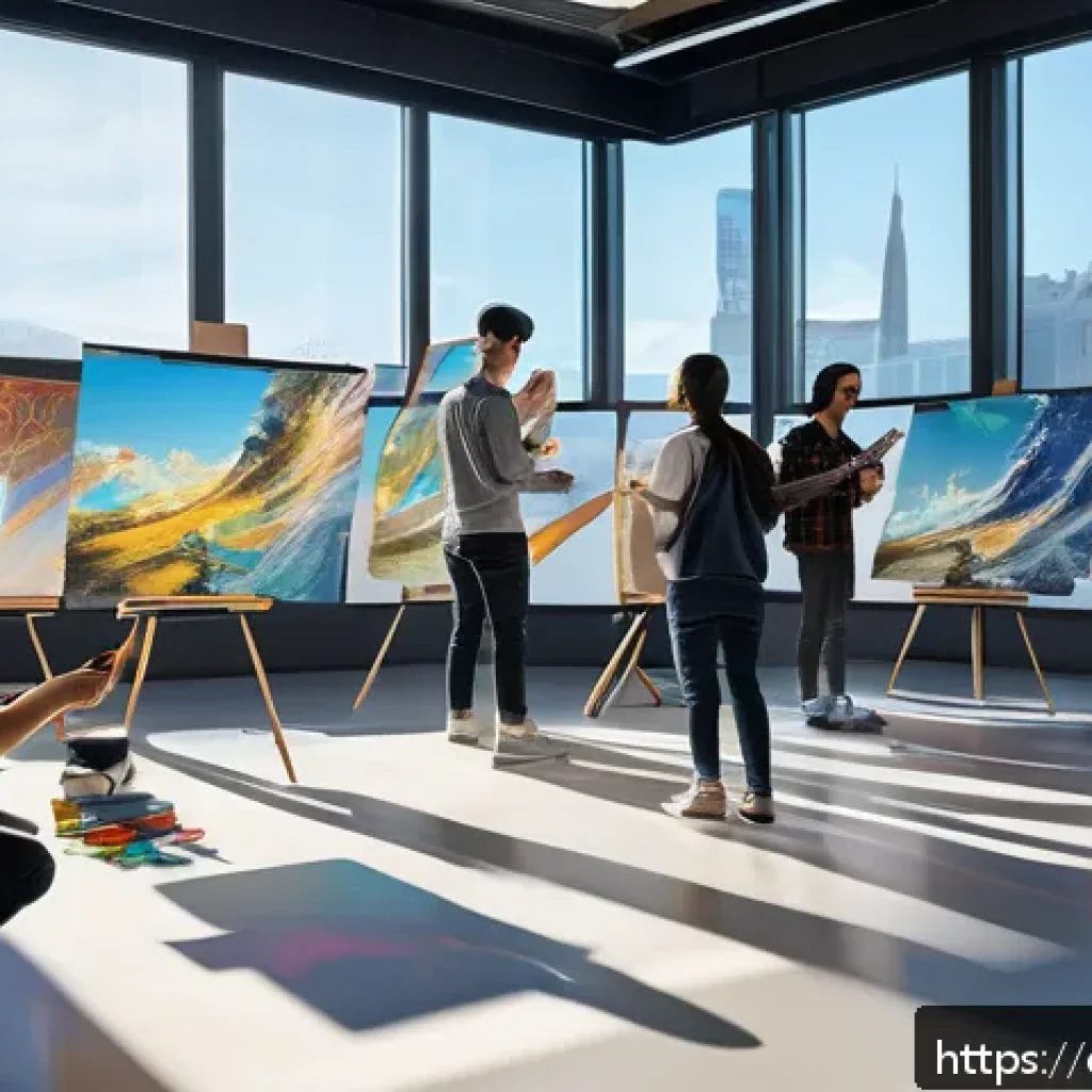 미술 교육에서의 인터랙티브 아트 - A futuristic art classroom where diverse students wearing casual clothing and light, comfortable att...