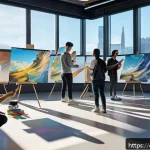 Home 18 미술 교육에서의 인터랙티브 아트 - A futuristic art classroom where diverse students wearing casual clothing and light, comfortable att...
