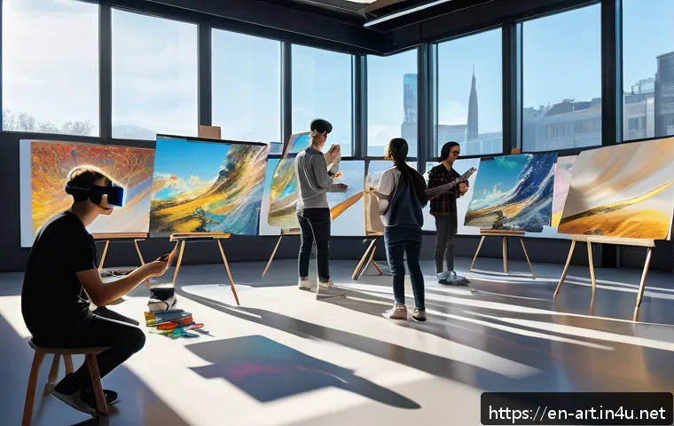 미술 교육에서의 인터랙티브 아트 - A futuristic art classroom where diverse students wearing casual clothing and light, comfortable att...