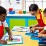 Home 23 미술과 STEAM 교육 - A vibrant classroom scene showing diverse students collaboratively building a colorful 3D solar syst...