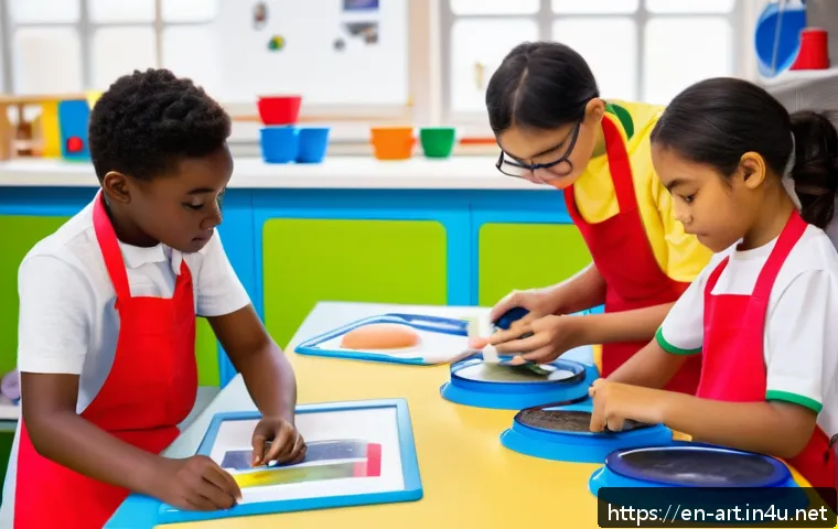 미술과 STEAM 교육 - A vibrant classroom scene showing diverse students collaboratively building a colorful 3D solar syst...