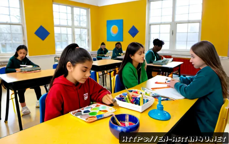중등 미술 교육의 차별화 - Photorealistic middle school art classroom in a modern American school, diverse students ages 11–13 ...