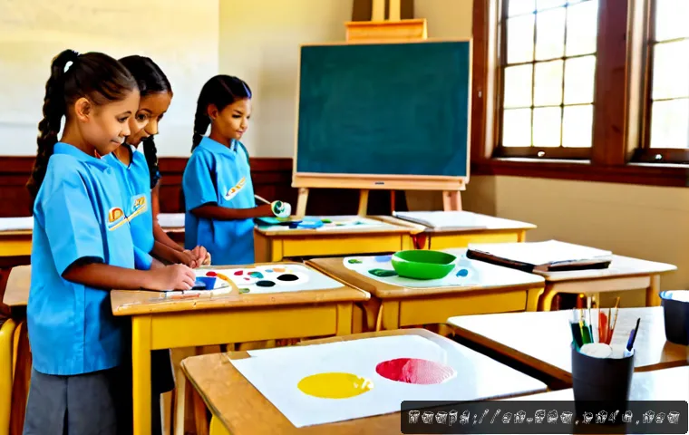 미술 교육과 예술 감성 교육 - Photorealistic elementary art classroom in a modern American school, diverse children aged 8–10 wear...